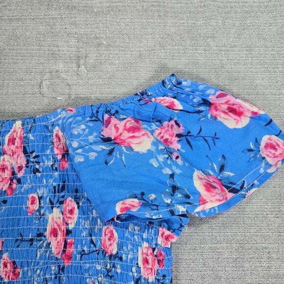 Andree Unit Wom Med NWT Blue Pink Floral Smocked Off Shoulder Short Sleeve Top - Picture 6 of 10